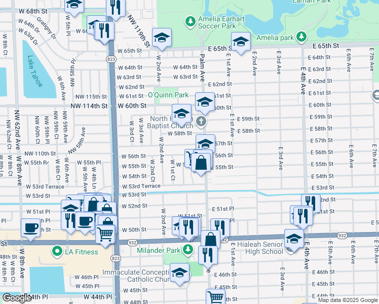 map of restaurants, bars, coffee shops, grocery stores, and more near 65 West 56th Street in Hialeah