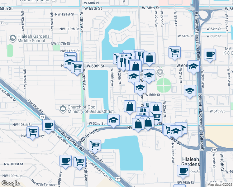 map of restaurants, bars, coffee shops, grocery stores, and more near 5661 West 25th Court in Hialeah