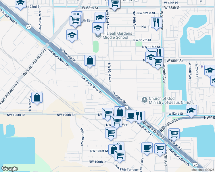 map of restaurants, bars, coffee shops, grocery stores, and more near 10907 Northwest 92nd Avenue in Hialeah Gardens