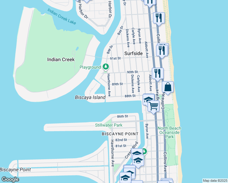 map of restaurants, bars, coffee shops, grocery stores, and more near 8830 Garland Avenue in Surfside