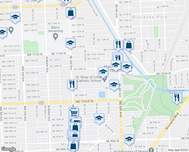 map of restaurants, bars, coffee shops, grocery stores, and more near 10722 NE 4th Ave in Miami