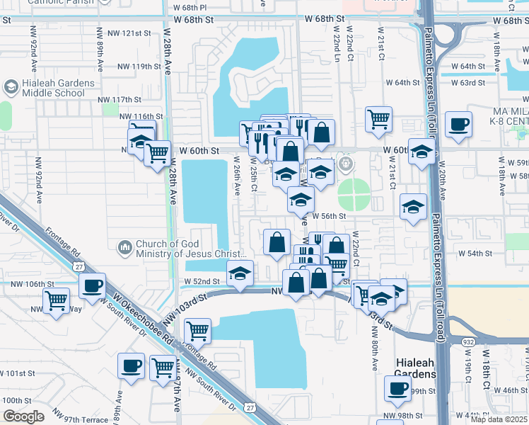 map of restaurants, bars, coffee shops, grocery stores, and more near 5661 West 25th Court in Hialeah