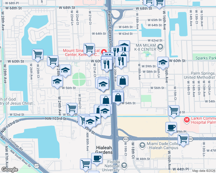 map of restaurants, bars, coffee shops, grocery stores, and more near 5611 West 20th Court in Hialeah