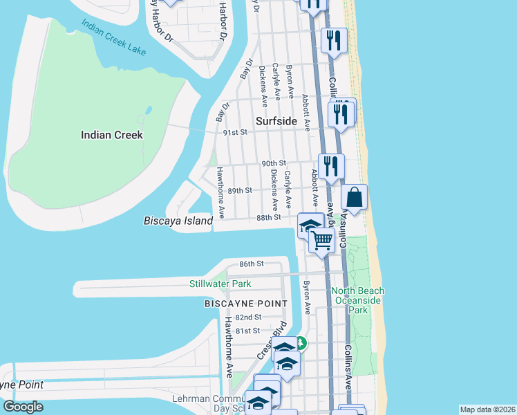 map of restaurants, bars, coffee shops, grocery stores, and more near 8821 Froude Avenue in Surfside