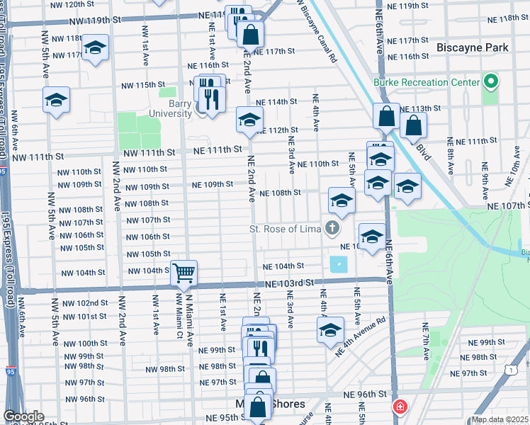 map of restaurants, bars, coffee shops, grocery stores, and more near 10744 Northeast 2nd Court in Miami