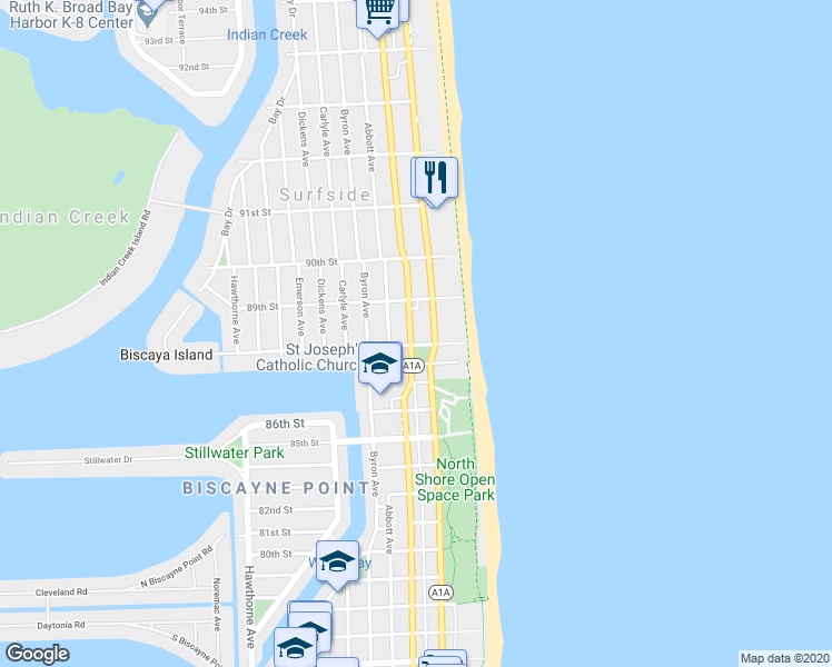 map of restaurants, bars, coffee shops, grocery stores, and more near 8810 Florida A1A in Surfside