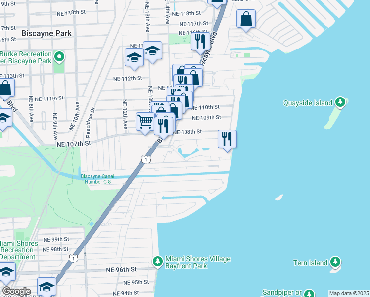 map of restaurants, bars, coffee shops, grocery stores, and more near 1000 Quayside Terrace in Miami