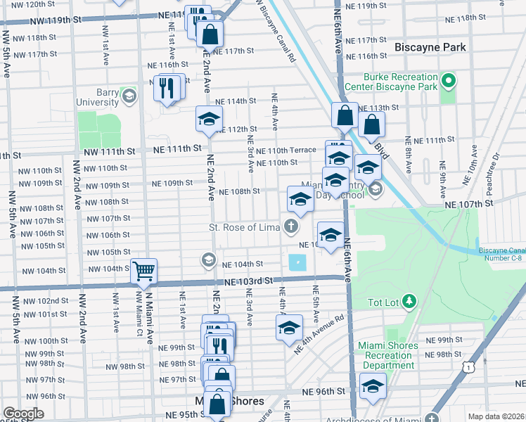 map of restaurants, bars, coffee shops, grocery stores, and more near 10710 Northeast 3rd Avenue in Miami