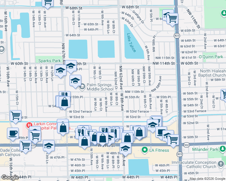 map of restaurants, bars, coffee shops, grocery stores, and more near 6335-6355 NW 110th St in Hialeah