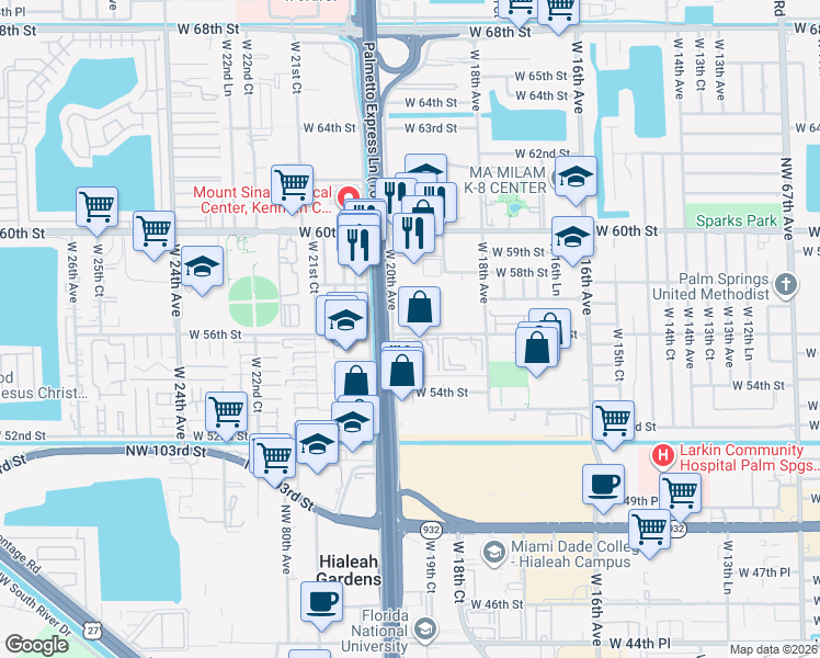 map of restaurants, bars, coffee shops, grocery stores, and more near 5705 West 20th Court in Hialeah