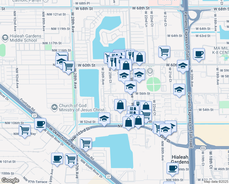 map of restaurants, bars, coffee shops, grocery stores, and more near 5661 West 25th Court in Hialeah