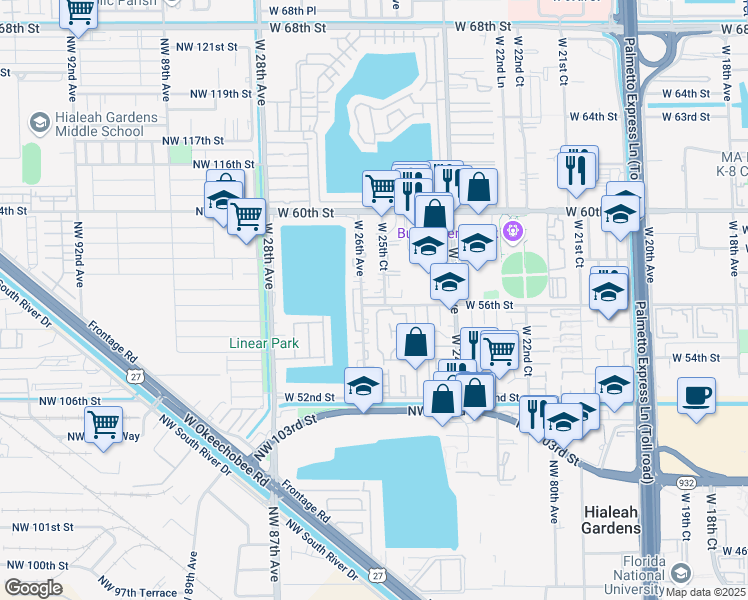 map of restaurants, bars, coffee shops, grocery stores, and more near 5661 West 25th Court in Hialeah