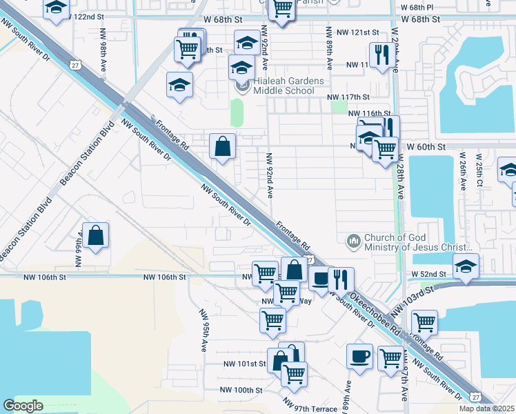 map of restaurants, bars, coffee shops, grocery stores, and more near 10907 Northwest 92nd Avenue in Hialeah Gardens
