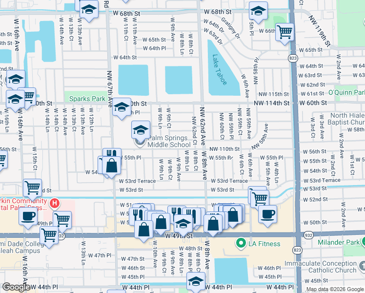 map of restaurants, bars, coffee shops, grocery stores, and more near 6281 Northwest 110th Street in Hialeah