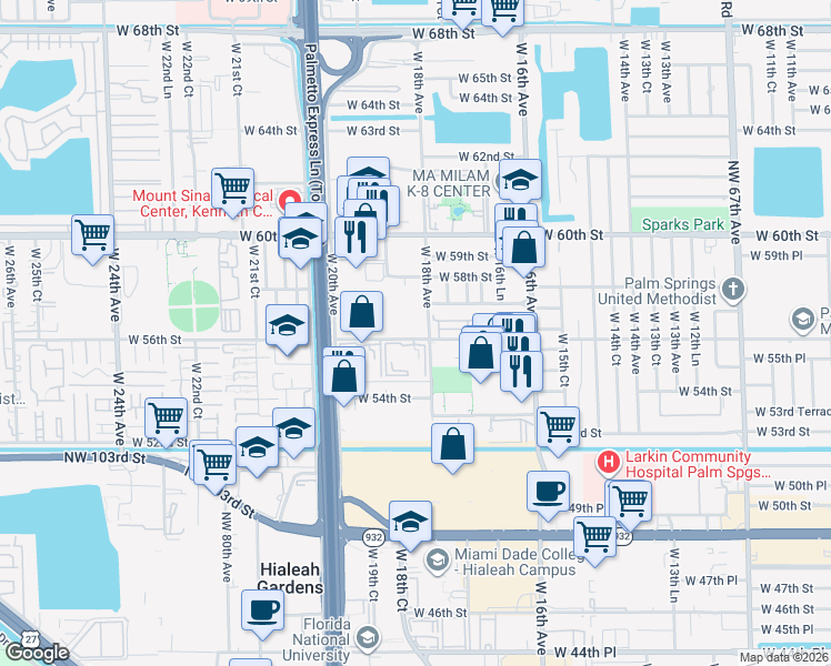 map of restaurants, bars, coffee shops, grocery stores, and more near 5634 West 17th Lane in Hialeah