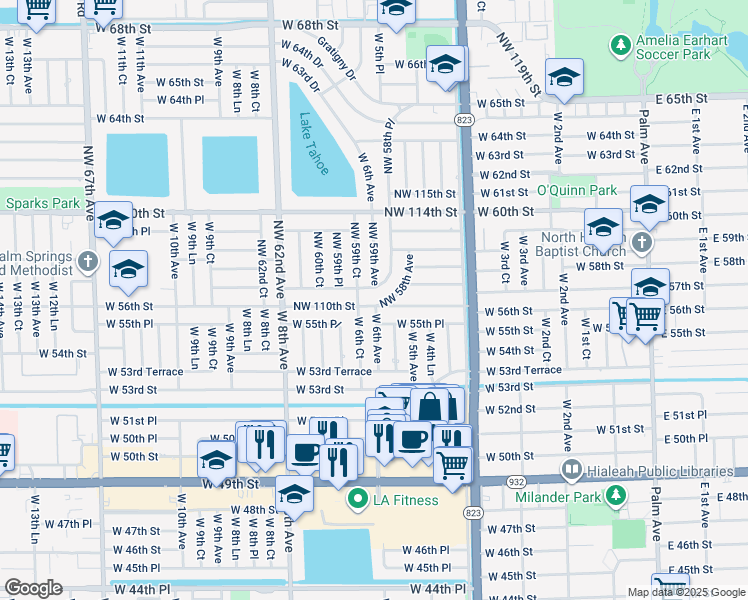 map of restaurants, bars, coffee shops, grocery stores, and more near 5901 Northwest 110th Street in Hialeah