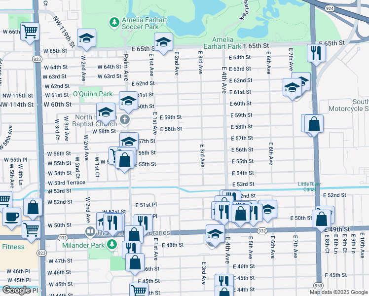 map of restaurants, bars, coffee shops, grocery stores, and more near 221 East 56th Street in Hialeah