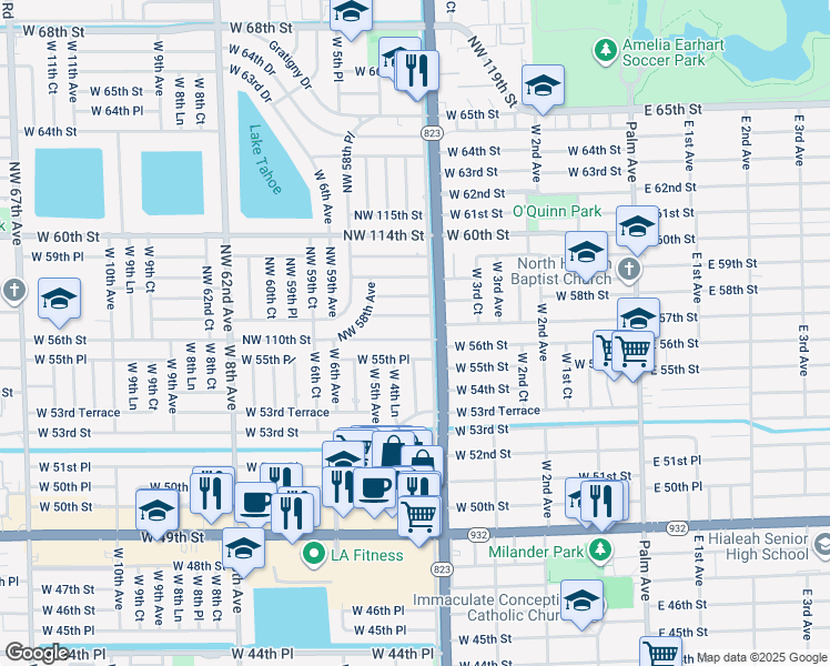 map of restaurants, bars, coffee shops, grocery stores, and more near 5715 Northwest 110th Street in Hialeah