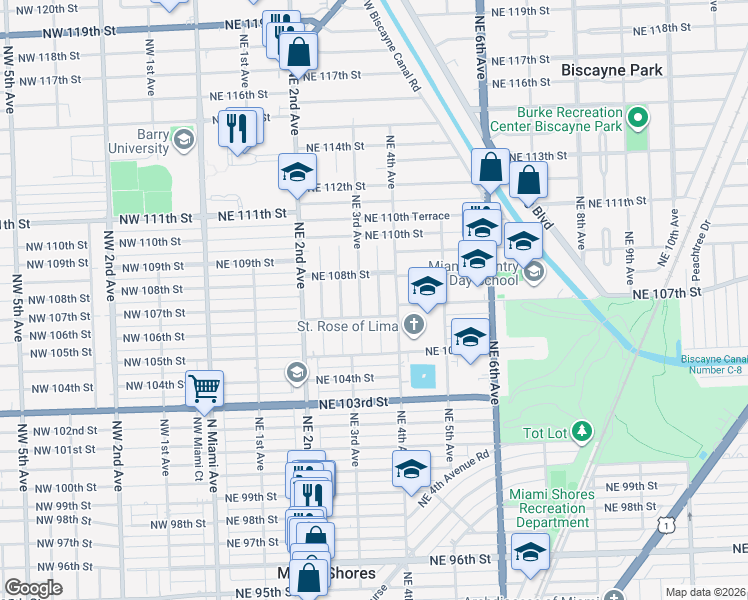 map of restaurants, bars, coffee shops, grocery stores, and more near 10710 Northeast 3rd Avenue in Miami