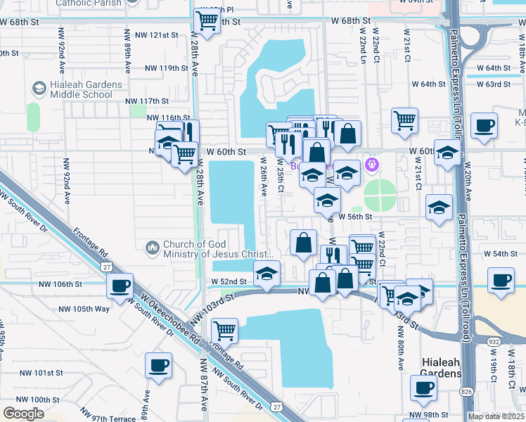map of restaurants, bars, coffee shops, grocery stores, and more near 204 West 26th Court in Hialeah
