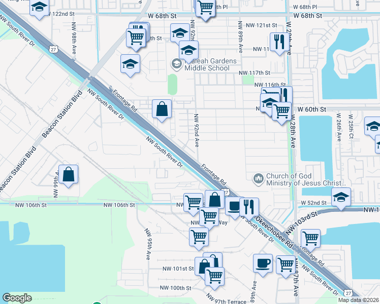 map of restaurants, bars, coffee shops, grocery stores, and more near 10907 Northwest 92nd Avenue in Hialeah Gardens