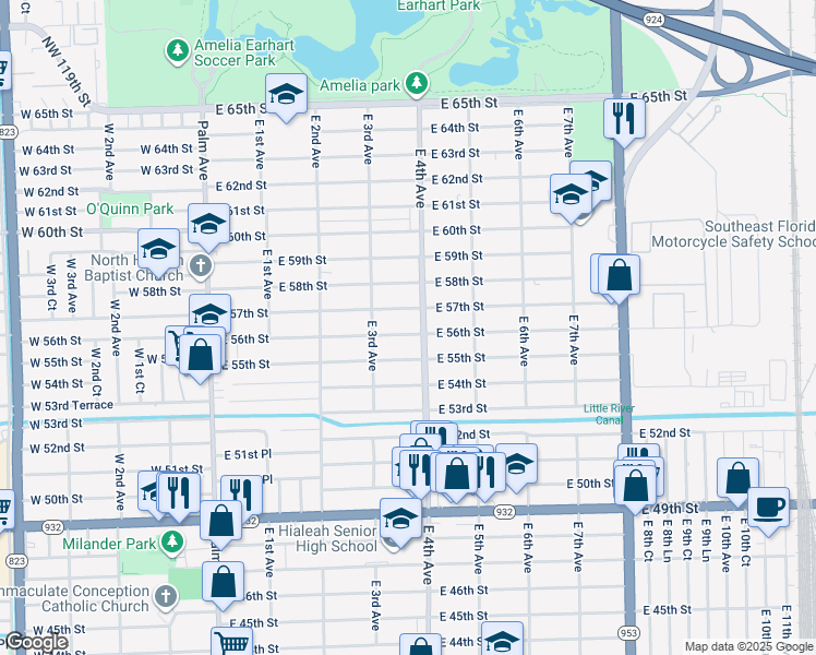 map of restaurants, bars, coffee shops, grocery stores, and more near 391 East 56th Street in Hialeah