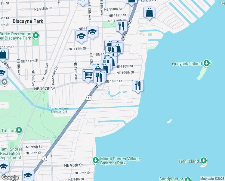 map of restaurants, bars, coffee shops, grocery stores, and more near 1519 Northeast 105th Street in Miami Shores