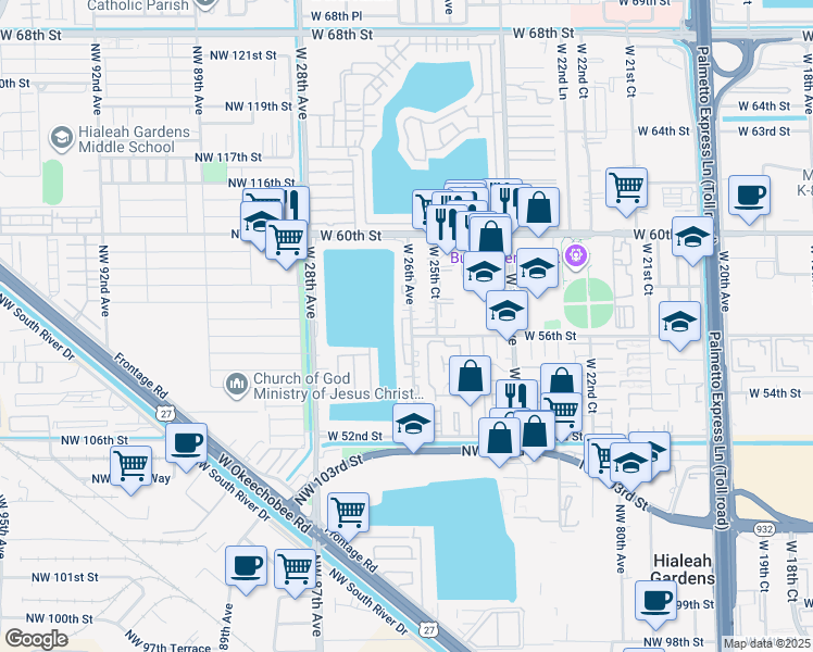 map of restaurants, bars, coffee shops, grocery stores, and more near 204 West 26th Court in Hialeah
