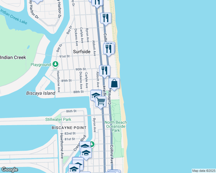 map of restaurants, bars, coffee shops, grocery stores, and more near 8777 Florida A1A in Surfside