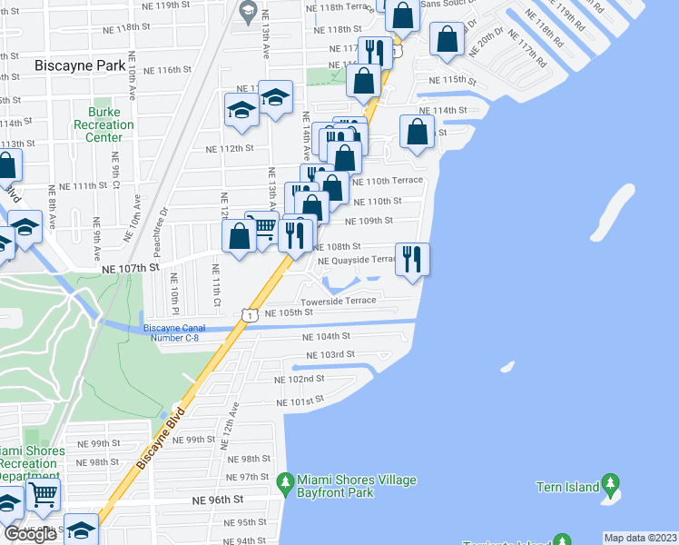 map of restaurants, bars, coffee shops, grocery stores, and more near 1519 Northeast 105th Street in Miami Shores