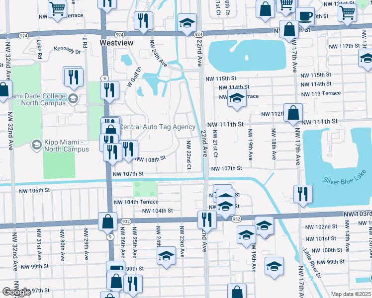 map of restaurants, bars, coffee shops, grocery stores, and more near 10835 Northwest 23rd Avenue in Miami