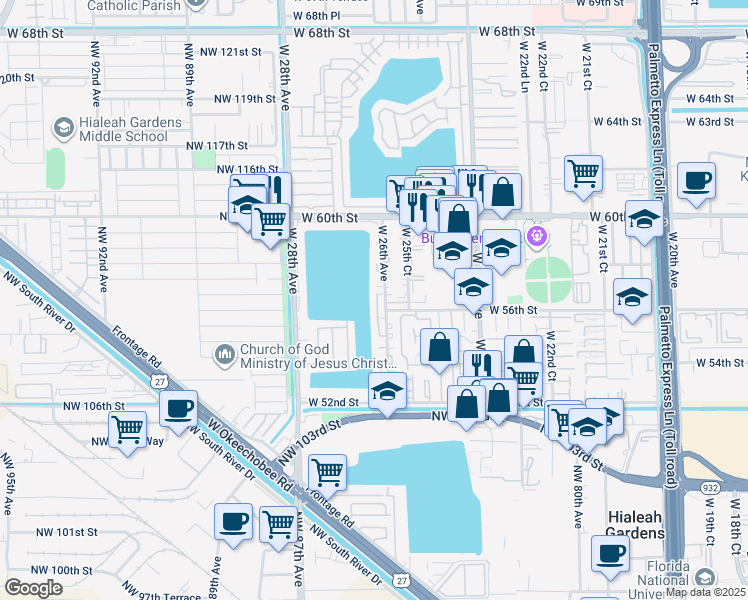 map of restaurants, bars, coffee shops, grocery stores, and more near 5650 West 26th Court in Hialeah