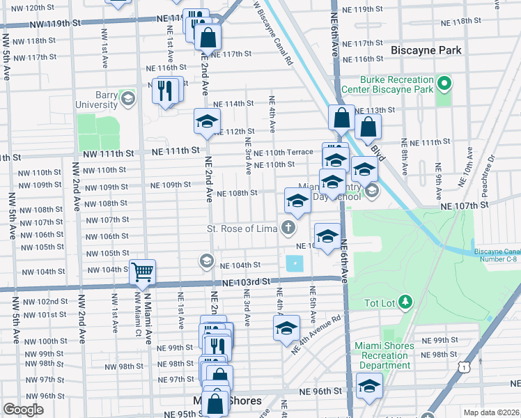 map of restaurants, bars, coffee shops, grocery stores, and more near 10710 Northeast 3rd Avenue in Miami