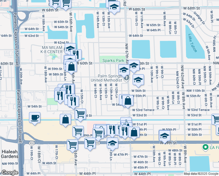 map of restaurants, bars, coffee shops, grocery stores, and more near 5600 West 13th Avenue in Hialeah