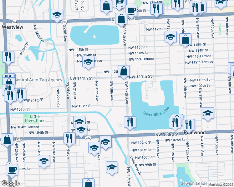 map of restaurants, bars, coffee shops, grocery stores, and more near 1750 Northwest 109th Street in Miami