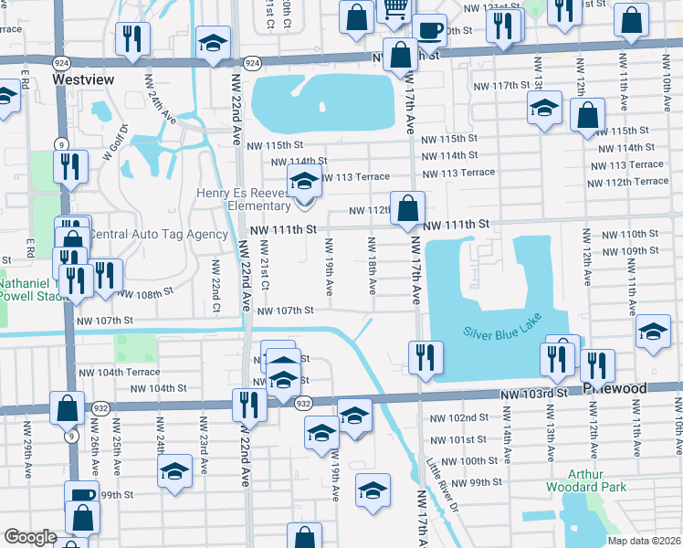 map of restaurants, bars, coffee shops, grocery stores, and more near 10810 Northwest 19th Avenue in Miami