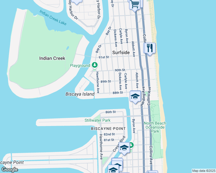 map of restaurants, bars, coffee shops, grocery stores, and more near 8821 Froude Avenue in Surfside