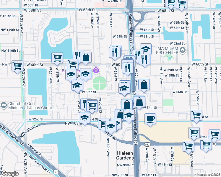 map of restaurants, bars, coffee shops, grocery stores, and more near 2190 West 60th Street in Hialeah