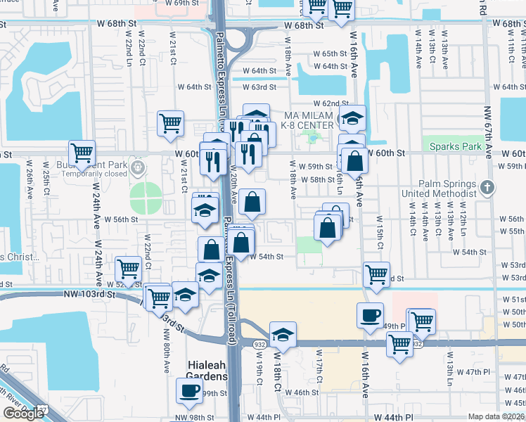 map of restaurants, bars, coffee shops, grocery stores, and more near 1875 West 56th Street in Hialeah