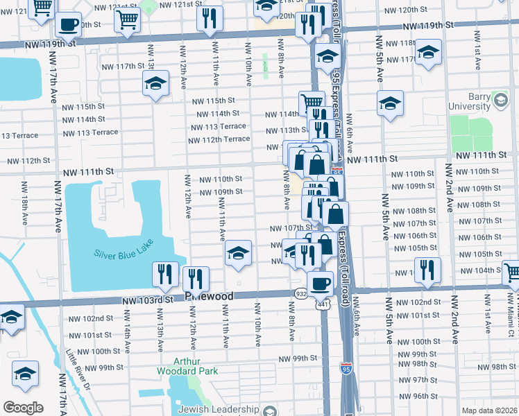 map of restaurants, bars, coffee shops, grocery stores, and more near 894 Northwest 108th Street in Miami