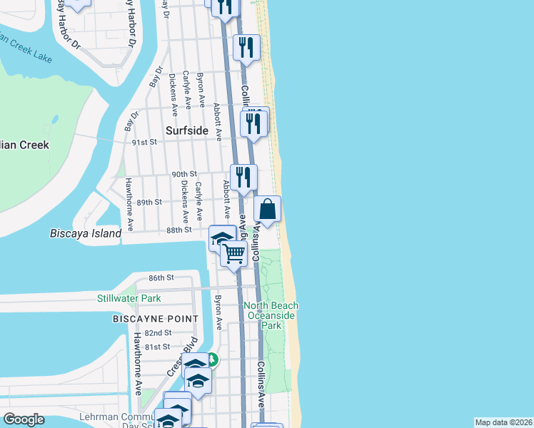 map of restaurants, bars, coffee shops, grocery stores, and more near 8777 Florida A1A in Surfside