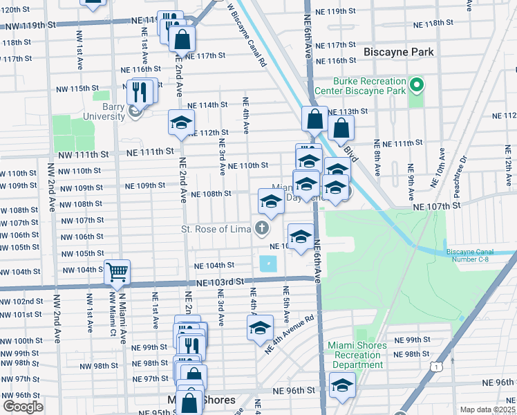 map of restaurants, bars, coffee shops, grocery stores, and more near 10722 Northeast 4th Avenue in Miami