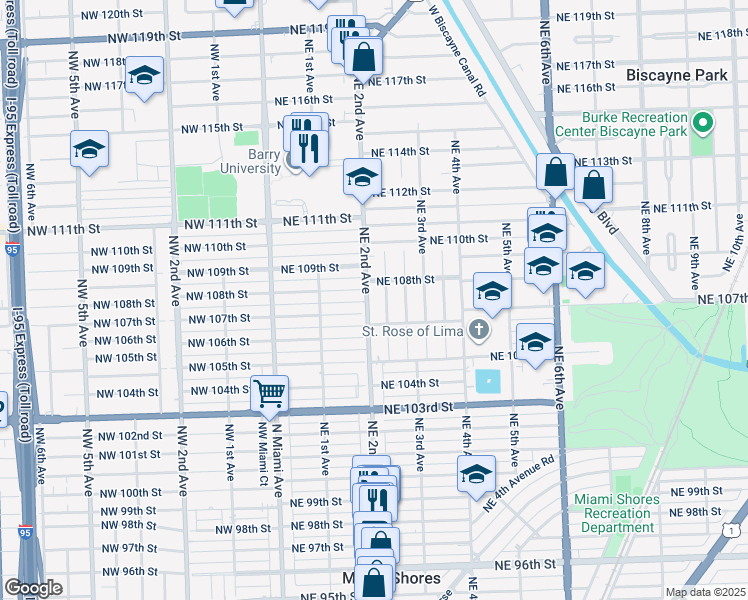 map of restaurants, bars, coffee shops, grocery stores, and more near 10744 Northeast 2nd Court in Miami
