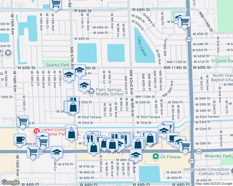 map of restaurants, bars, coffee shops, grocery stores, and more near 6281 Northwest 110th Street in Hialeah