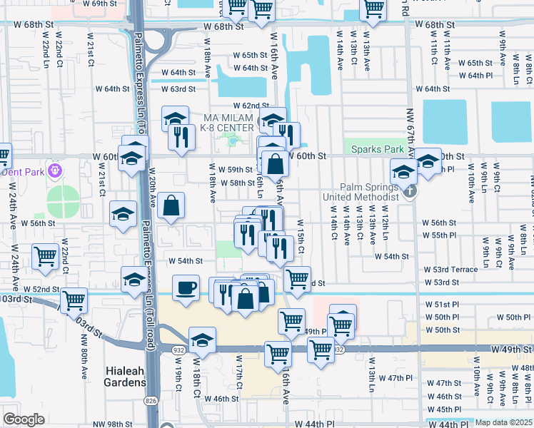 map of restaurants, bars, coffee shops, grocery stores, and more near 1655 West 56th Street in Hialeah