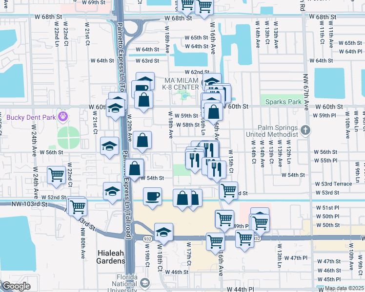 map of restaurants, bars, coffee shops, grocery stores, and more near 5625 West 17th Avenue in Hialeah