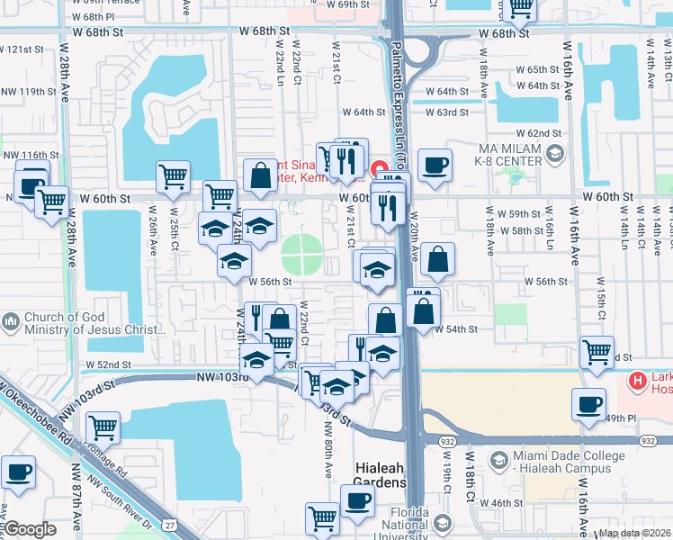 map of restaurants, bars, coffee shops, grocery stores, and more near 2190 West 60th Street in Hialeah