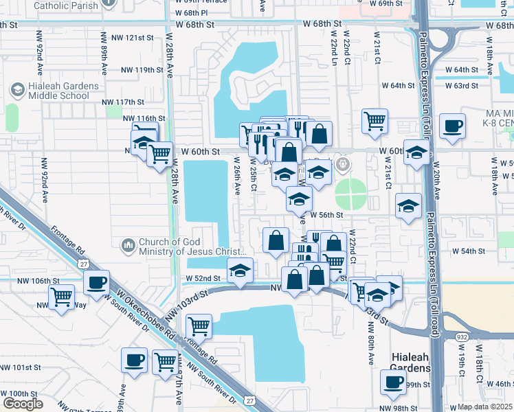 map of restaurants, bars, coffee shops, grocery stores, and more near 5661 West 25th Court in Hialeah