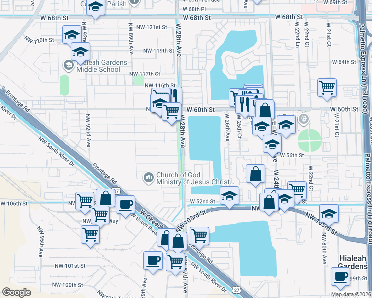 map of restaurants, bars, coffee shops, grocery stores, and more near 5601 Northwest 87th Avenue in Hialeah