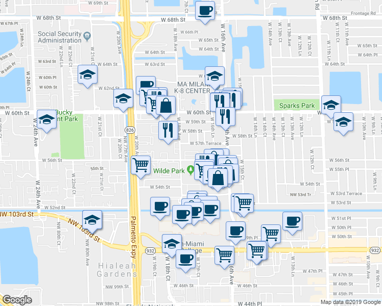 map of restaurants, bars, coffee shops, grocery stores, and more near 5625 West 17th Avenue in Hialeah